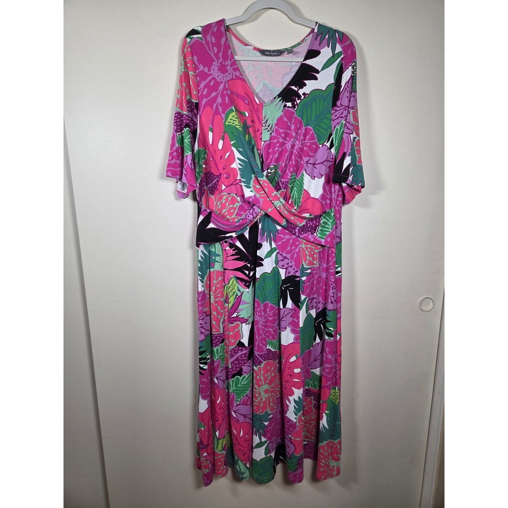 Ulla Popken Womens Tropical Floral Twist Front Maxi Dress Pink 12/14 Resort wear